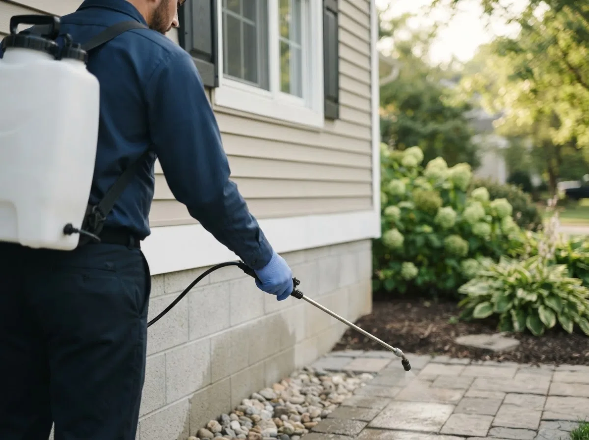 Pest control technician inspecting a home in Prewitt, NM